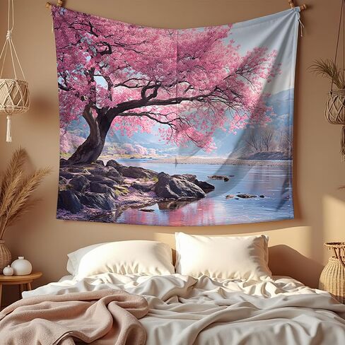 Elmsfell Cherry Blossom Tree Tapestry - Japanese Sakura Landscape Wall Art, Zen Nature Scenery Aesthetic, Spring Pink Floral Room Decor (50x60) in Saudi Arabia
