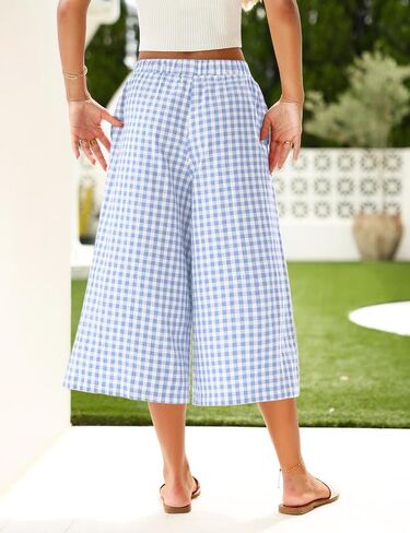 Marvmys Y2k Summer Plaid Pants for Women Flowy Wide Leg Gingham Pants Beach Culottes Loungewear Blue Plaid XL in Saudi Arabia