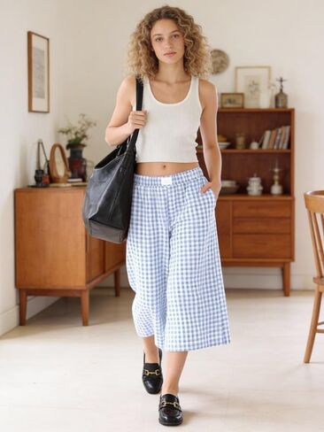 Marvmys Y2k Summer Plaid Pants for Women Flowy Wide Leg Gingham Pants Beach Culottes Loungewear Blue Plaid XL in Saudi Arabia