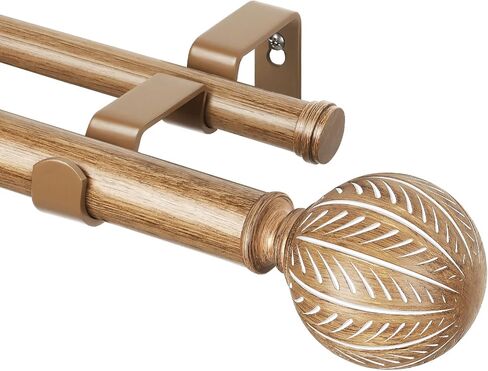 KAMANINA 1 Inch Wood Double Curtain Rods for Windows 66 to 120 Inches (5.5-10 Feet), Heavy Duty Decorative Curtain Rods, Wooden Drapery Rods with Leaf Pattern Finials, Wood Grain in Saudi Arabia