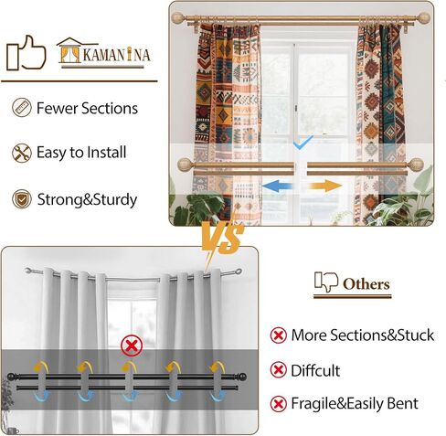 KAMANINA 1 Inch Wood Double Curtain Rods for Windows 66 to 120 Inches (5.5-10 Feet), Heavy Duty Decorative Curtain Rods, Wooden Drapery Rods with Leaf Pattern Finials, Wood Grain in Saudi Arabia