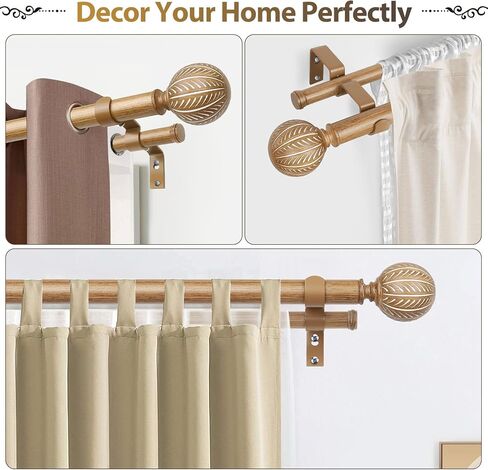 KAMANINA 1 Inch Wood Double Curtain Rods for Windows 66 to 120 Inches (5.5-10 Feet), Heavy Duty Decorative Curtain Rods, Wooden Drapery Rods with Leaf Pattern Finials, Wood Grain in Saudi Arabia