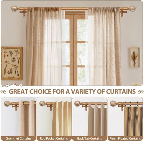 KAMANINA 1 Inch Wood Double Curtain Rods for Windows 66 to 120 Inches (5.5-10 Feet), Heavy Duty Decorative Curtain Rods, Wooden Drapery Rods with Leaf Pattern Finials, Wood Grain in Saudi Arabia