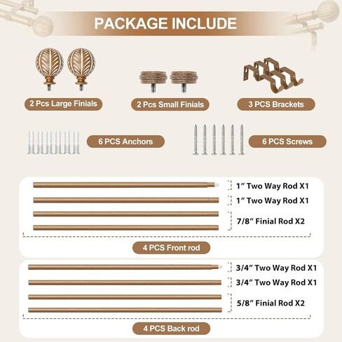 KAMANINA 1 Inch Wood Double Curtain Rods for Windows 66 to 120 Inches (5.5-10 Feet), Heavy Duty Decorative Curtain Rods, Wooden Drapery Rods with Leaf Pattern Finials, Wood Grain in Saudi Arabia