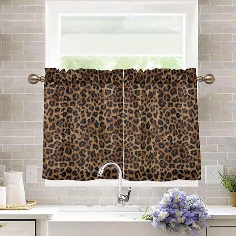 ALAZA Cheetah Leopard Print Animal Short Cafe Curtain Tiers Small Windows Kitchen Bathroom Curtains Sets 24 inch in Saudi Arabia