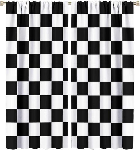 Racing Car Flag Curtains Grid Black White Check Pattern for Kids Room Decoration Print Decor Rod Pocket Window Drapes for Bedroom Living Room 42x45in in Saudi Arabia