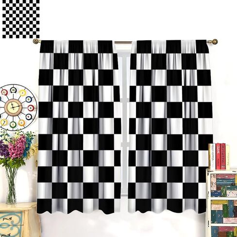 Racing Car Flag Curtains Grid Black White Check Pattern for Kids Room Decoration Print Decor Rod Pocket Window Drapes for Bedroom Living Room 42x45in in Saudi Arabia