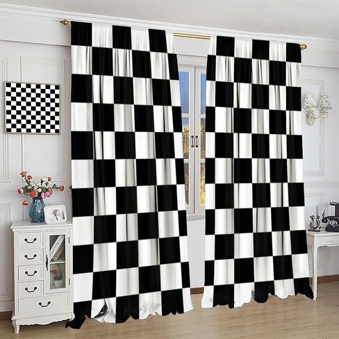 Racing Car Flag Curtains Grid Black White Check Pattern for Kids Room Decoration Print Decor Rod Pocket Window Drapes for Bedroom Living Room 42x45in in Saudi Arabia