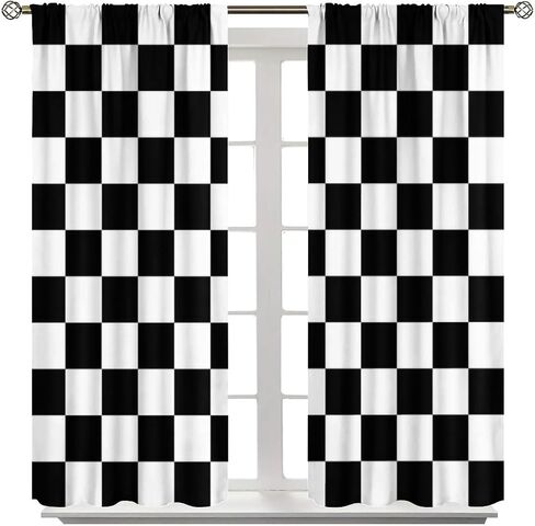 Racing Car Flag Curtains Grid Black White Check Pattern for Kids Room Decoration Print Decor Rod Pocket Window Drapes for Bedroom Living Room 42x45in in Saudi Arabia