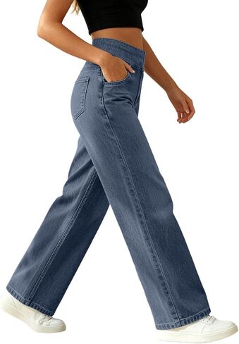 Wide Leg Jeans Woman Elastic Waist Pull On Stretchy Straight Leg Denim Pants High Waisted Tummy Control Sweatpant Jean in Saudi Arabia