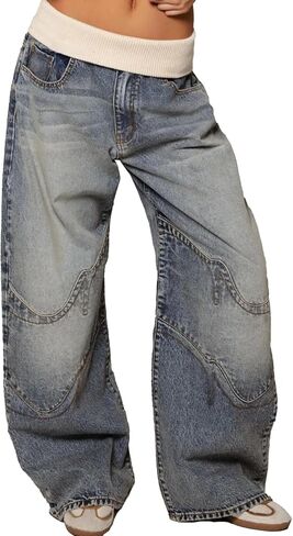 Raboolion Women's Y2K Low Waist Baggy Cargo Denim Pants Loose Fit Patchwork Wide Leg Streetwear Vintage Boyfriend Jeans in Saudi Arabia