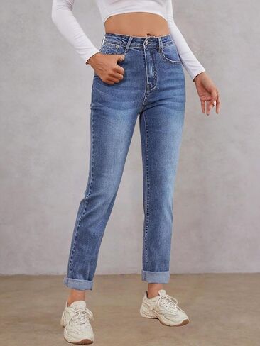 Women's High Waisted Light Wash Straight Leg Jeans, Stretchy Slim Fit Cuffed Denim Pants in Kuwait