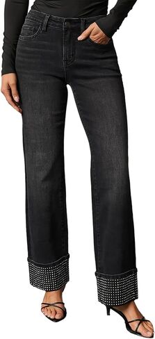 Women's High Waisted Straight Leg Jeans Rhinestone Sparkle Stretch Trendy Streetwear Boyfriend Jeans in Saudi Arabia