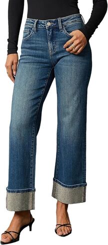 Women's High Waisted Straight Leg Jeans Rhinestone Sparkle Stretch Trendy Streetwear Boyfriend Jeans in Saudi Arabia