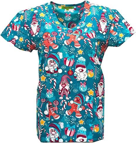 Green Town Holiday Printed Christmas Scrubs, Halloween Printed Uniform Tops (Ginger Bread GNOMESS, Small) in Kuwait