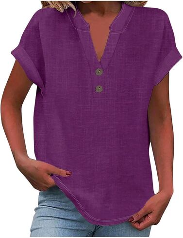 Linen Shirt for Women Summer Button Down Short Sleeve V Neck Tops Solid Color Comfy Blouses Casual Dressy Tunic Top in Kuwait