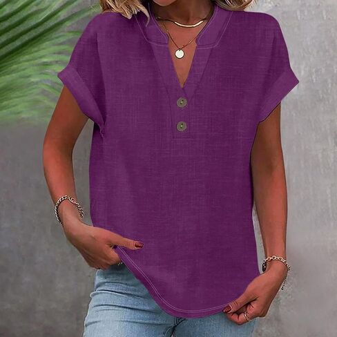Linen Shirt for Women Summer Button Down Short Sleeve V Neck Tops Solid Color Comfy Blouses Casual Dressy Tunic Top in Kuwait