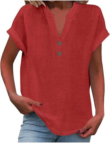 Linen Shirt for Women Summer Button Down Short Sleeve V Neck Tops Solid Color Comfy Blouses Casual Dressy Tunic Top in Kuwait