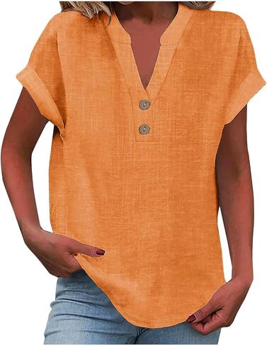 Linen Shirt for Women Summer Button Down Short Sleeve V Neck Tops Solid Color Comfy Blouses Casual Dressy Tunic Top in Kuwait