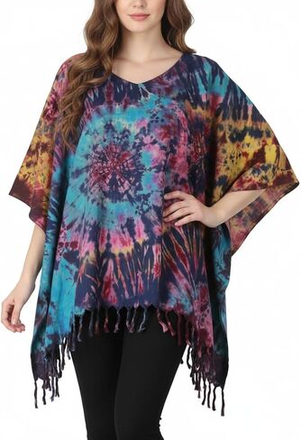 Boho Handmade Galaxy Tie Dye Rayon Poncho Blouse Top Fringe Tunic Plus Size Summer Beachwear in Saudi Arabia