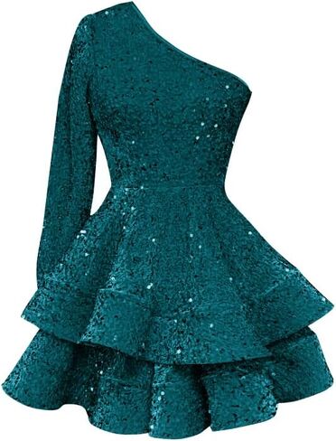 OFEECHUN Women's One Shoulder Sequin Homecoming Dress Short Sparkly Layered Long Sleeve Cocktail Gowns in Saudi Arabia