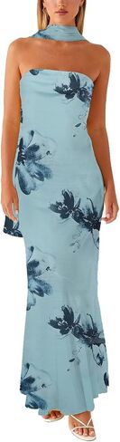 Women Floral Tube Maxi Dress with Scarf Sexy Strapless Backless Long Bodycon Dresses Party Cocktail Sundress in Saudi Arabia