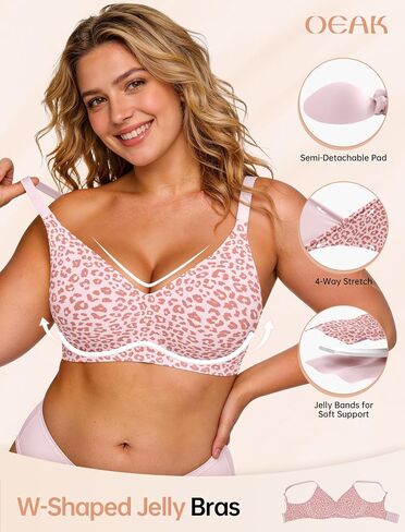 OEAK Womens Wireless Jelly Bra Coffee Leopard Color XL+Comfortable Convertible Everyday Tshirt Bras Pink Leopard 40B in Saudi Arabia