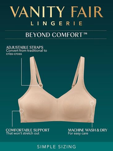 Vanity Fair Women's Wireless Beyond Comfort Bra with Breathable Cups (S-3XL), Convertible Straps (72204), 2 Pack Black/Neutral, XX-Large in Kuwait