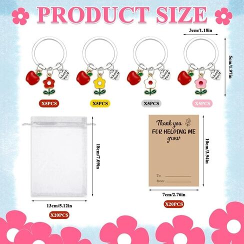20 Sets Teacher Appreciation Keychain Gift Thank You for Helping Me Grow Include Keychains Appreciation Cards Organza Bags for Daycare Teacher Graduation Teacher Day End of Year Gifts in Saudi Arabia
