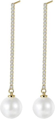 14K Gold Freshwater Cultured Pearl Dangle Earrings for Women,Long Chain Gold and Moissanite Drop Earrings,Fashion Jewelry Gift for Her in Saudi Arabia