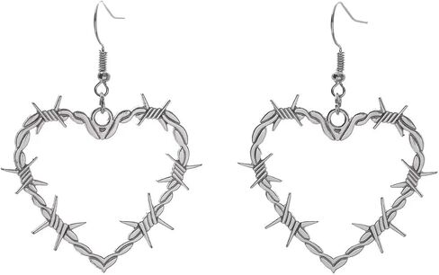 Gothic Barbed Wire Thorn Heart Metal Mesh Earrings - Heavy Duty Padlock Dangle Drop Punk Thorns Heart Design - Halloween Jewelry for Women And Men in Saudi Arabia