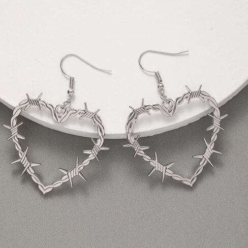 Gothic Barbed Wire Thorn Heart Metal Mesh Earrings - Heavy Duty Padlock Dangle Drop Punk Thorns Heart Design - Halloween Jewelry for Women And Men in Saudi Arabia