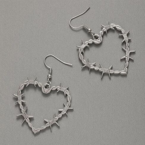Gothic Barbed Wire Thorn Heart Metal Mesh Earrings - Heavy Duty Padlock Dangle Drop Punk Thorns Heart Design - Halloween Jewelry for Women And Men in Saudi Arabia