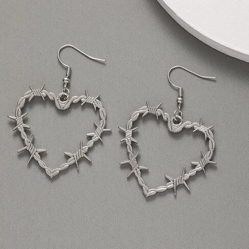 Gothic Barbed Wire Thorn Heart Metal Mesh Earrings - Heavy Duty Padlock Dangle Drop Punk Thorns Heart Design - Halloween Jewelry for Women And Men in Saudi Arabia