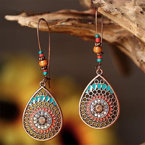 Bohemian Turquoise Earrings Ethnic Tibetan Engraved Flower Pattern Round Geometric Dangle Drop Statement Earrings for Women Handmade Trendy Boho Vintage Jewelry (Teardrop Turquoise) in Saudi Arabia