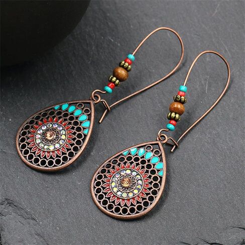 Bohemian Turquoise Earrings Ethnic Tibetan Engraved Flower Pattern Round Geometric Dangle Drop Statement Earrings for Women Handmade Trendy Boho Vintage Jewelry (Teardrop Turquoise) in Saudi Arabia