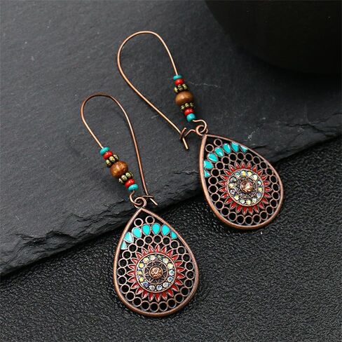Bohemian Turquoise Earrings Ethnic Tibetan Engraved Flower Pattern Round Geometric Dangle Drop Statement Earrings for Women Handmade Trendy Boho Vintage Jewelry (Teardrop Turquoise) in Saudi Arabia