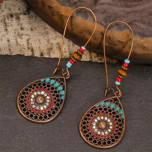 Bohemian Turquoise Earrings Ethnic Tibetan Engraved Flower Pattern Round Geometric Dangle Drop Statement Earrings for Women Handmade Trendy Boho Vintage Jewelry (Teardrop Turquoise) in Saudi Arabia
