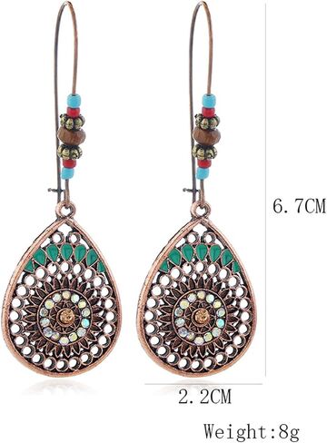 Bohemian Turquoise Earrings Ethnic Tibetan Engraved Flower Pattern Round Geometric Dangle Drop Statement Earrings for Women Handmade Trendy Boho Vintage Jewelry (Teardrop Turquoise) in Saudi Arabia