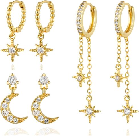 3 Pairs Celestial Earrings for Women Moon and Star Cubic Zirconia Earring Stacks Hoop Chain Dangle Multiple Piercing Earrings Trendy Non Tarnish Jewelry Gifts in Saudi Arabia