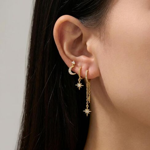 3 Pairs Celestial Earrings for Women Moon and Star Cubic Zirconia Earring Stacks Hoop Chain Dangle Multiple Piercing Earrings Trendy Non Tarnish Jewelry Gifts in Saudi Arabia