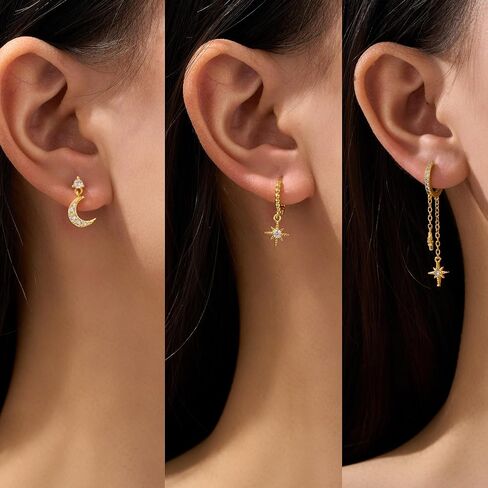 3 Pairs Celestial Earrings for Women Moon and Star Cubic Zirconia Earring Stacks Hoop Chain Dangle Multiple Piercing Earrings Trendy Non Tarnish Jewelry Gifts in Saudi Arabia