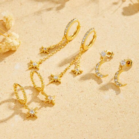 3 Pairs Celestial Earrings for Women Moon and Star Cubic Zirconia Earring Stacks Hoop Chain Dangle Multiple Piercing Earrings Trendy Non Tarnish Jewelry Gifts in Saudi Arabia