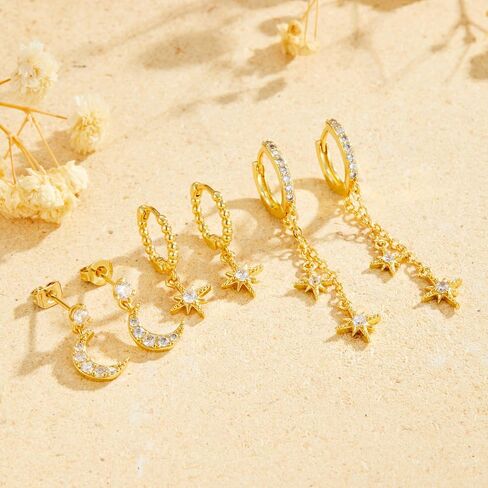 3 Pairs Celestial Earrings for Women Moon and Star Cubic Zirconia Earring Stacks Hoop Chain Dangle Multiple Piercing Earrings Trendy Non Tarnish Jewelry Gifts in Saudi Arabia