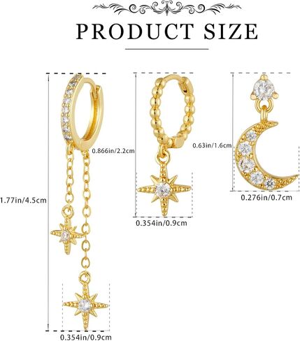3 Pairs Celestial Earrings for Women Moon and Star Cubic Zirconia Earring Stacks Hoop Chain Dangle Multiple Piercing Earrings Trendy Non Tarnish Jewelry Gifts in Saudi Arabia