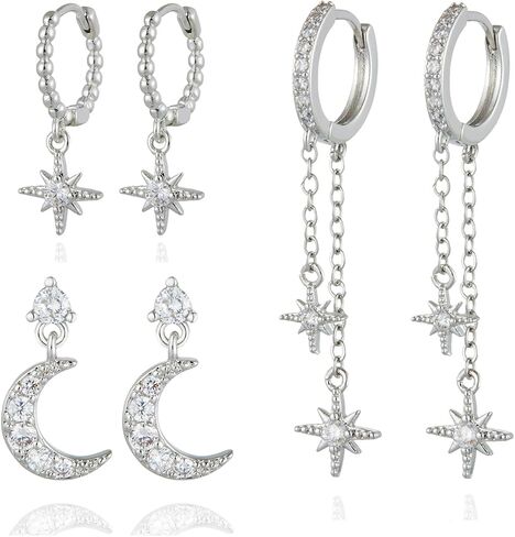 3 Pairs Celestial Earrings for Women Moon and Star Cubic Zirconia Earring Stacks Hoop Chain Dangle Multiple Piercing Earrings Trendy Non Tarnish Jewelry Gifts in Saudi Arabia