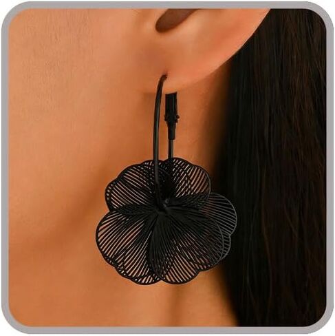 Gold Flower Earrings for Women Dangle Big Silver Floral Statement Earrings for Women Large Black Flower Drop Earring Fancy Summer Sping Earring Hawaiian Vacation Beach Jewelry in Saudi Arabia