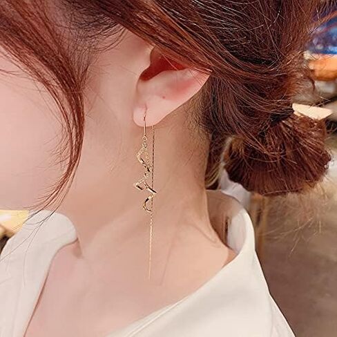 Women's 14k Gold Zircon Spiral Earrings, Fashion Statement Drop Dangle Thread Earrings, Jewelry Gift in Kuwait