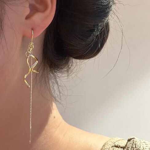 Women's 14k Gold Zircon Spiral Earrings, Fashion Statement Drop Dangle Thread Earrings, Jewelry Gift in Kuwait