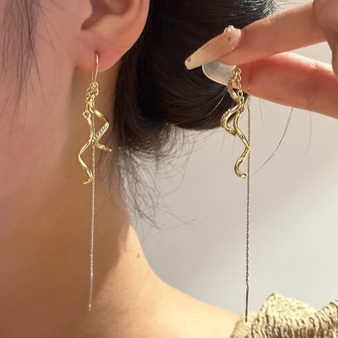 Women's 14k Gold Zircon Spiral Earrings, Fashion Statement Drop Dangle Thread Earrings, Jewelry Gift in Kuwait